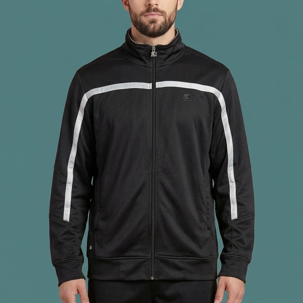 Starter Track Jacket Mens Large Black White Stripe Full Zip Polyester EUC